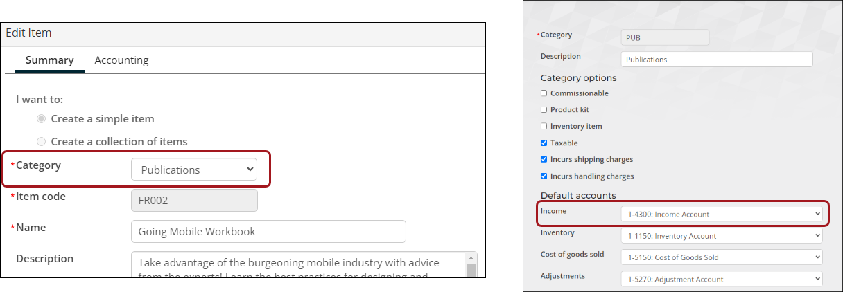 Viewing the defualt Income account for a product category